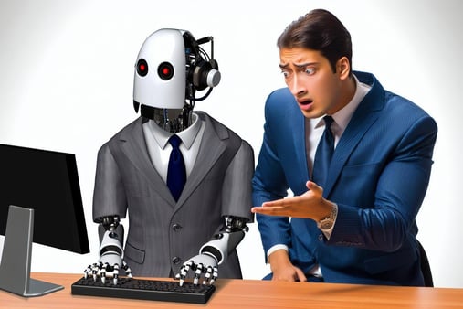 Concept of AI replacing humans. An AI robot doing the work of a person while the person looks on in dismay. 