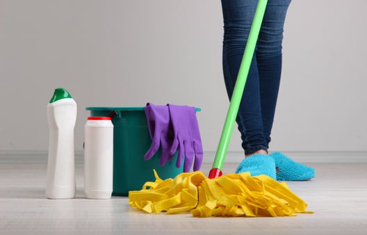 A person standing with a mop and cleaning supplies