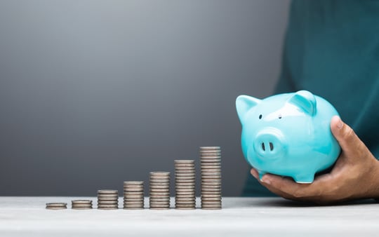 The concept of financial benefits. A hand holding a piggy bank. 